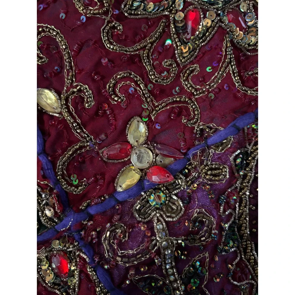 Handmade Indian Patchwork Round Tapestry Gold Zardosi Beaded Boho Purple 22in